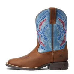 'Ariat' Youth Double Kicker Square Toe - Distressed Brown / Stone Blue